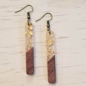 Gold Foil Bohemian Resin & Wood Bar Earrings Boho Dangle Drop Bride Wedding